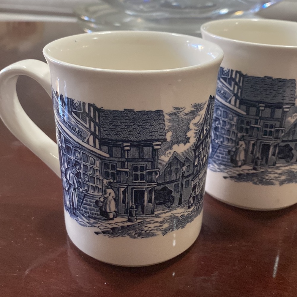 2 coffee tea mug cups EIT made n England blue transfer ware 19th century scenery
